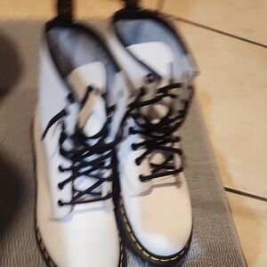 Dr. Martens White and Black Combat Boots with Leather Finish
